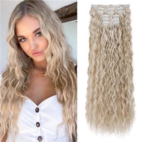 Clip In Hair Extensions, 6PCS Hair Extensions Blonde with White Highlight